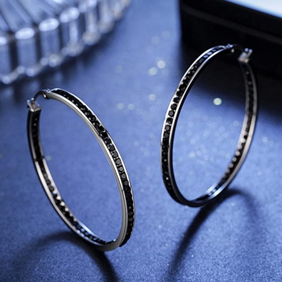 Big Black Rhinestone Silver Hoop Earrings Sparkle Hoops CZ Crystal Channel Loop - Picture 3 of 12